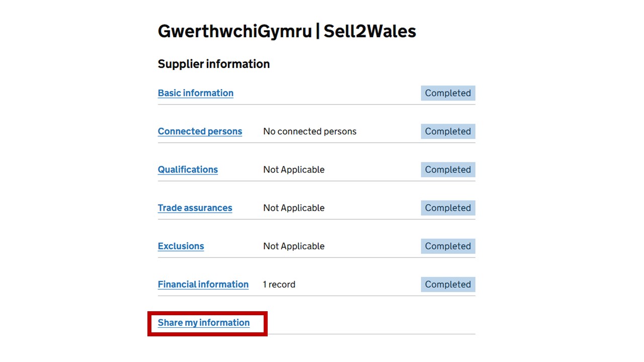 CDP supplier page, with share my information highlighted