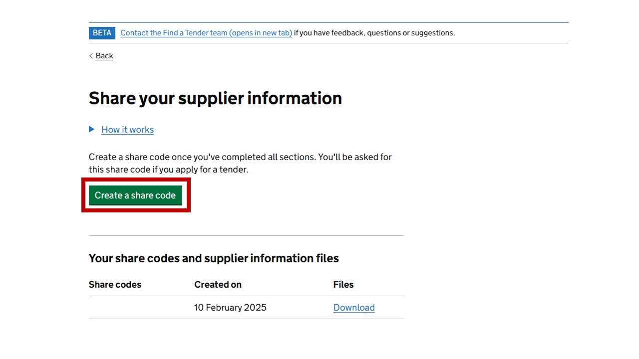 CDP share your supplier information page, with create a share code highlighted.