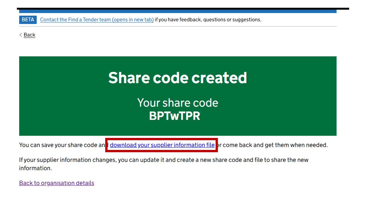 CDP share code page, with download highlighted. 