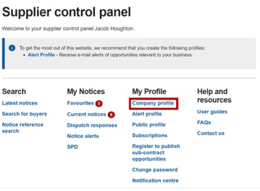 Sell2Wales supplier control panel, with company profile highlighted.