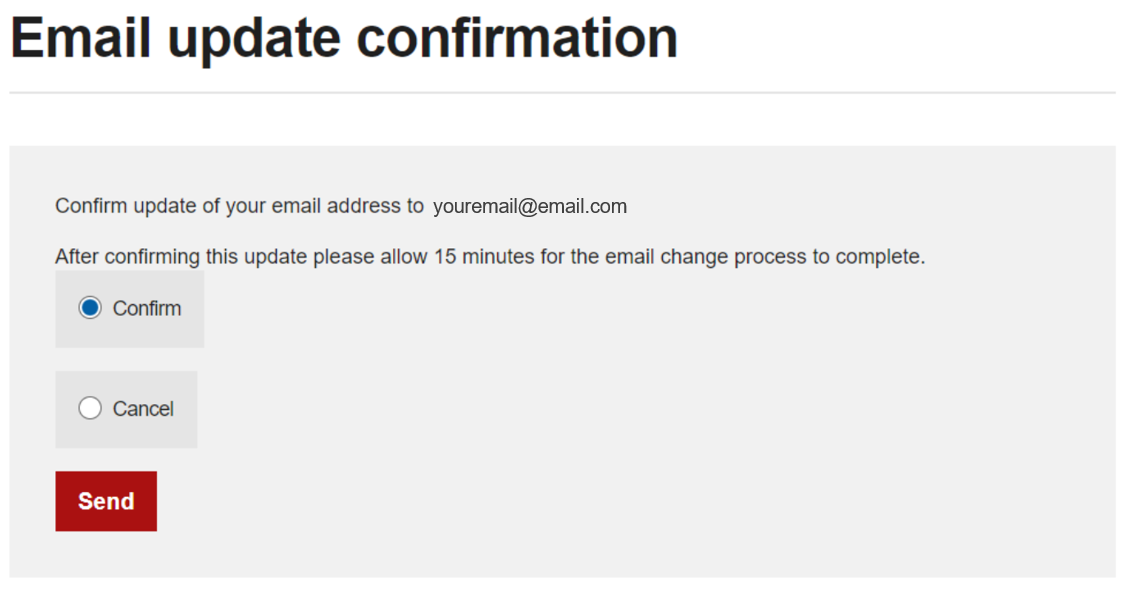 Screenshot of the email confirmation page.