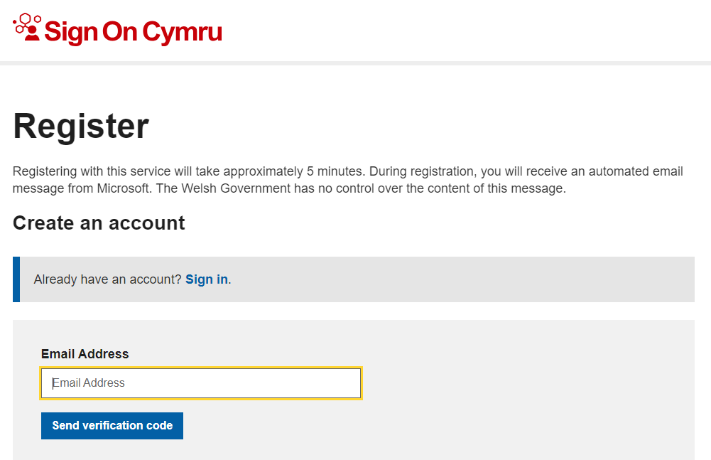 Sign On Cymru registration page